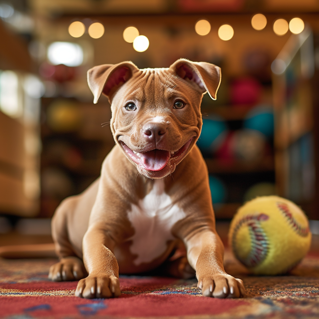 Adorable smiling pitbull puppy holding a colorful toy