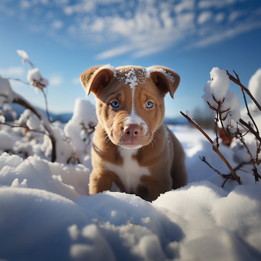 Cheerful pitbull with a wide smile in a snowy landscape