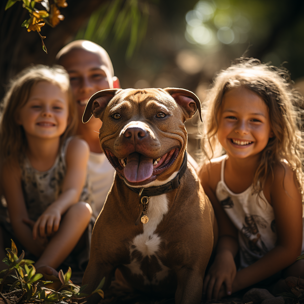 Happy pitbull smiling with a loving family in the backyard