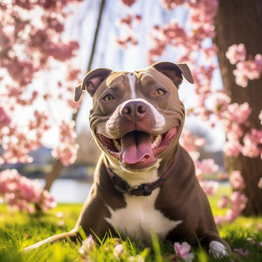 Joyful pitbull smiling broadly in a sunlit park
