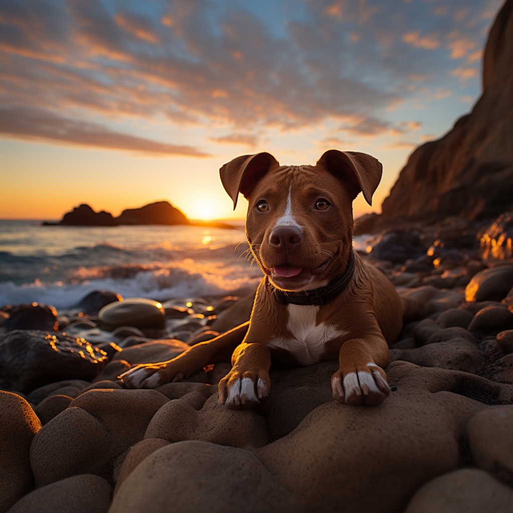 Tranquil pitbull smiling serenely against a beautiful sunset.